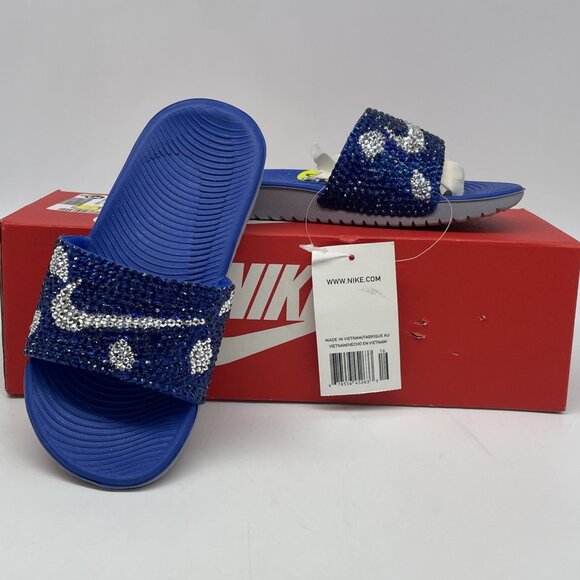 Nike KAWA Slide Blue Silver Grey Bling Rhinestones Kids 13c NWB MODIFIED - Picture 1 of 6